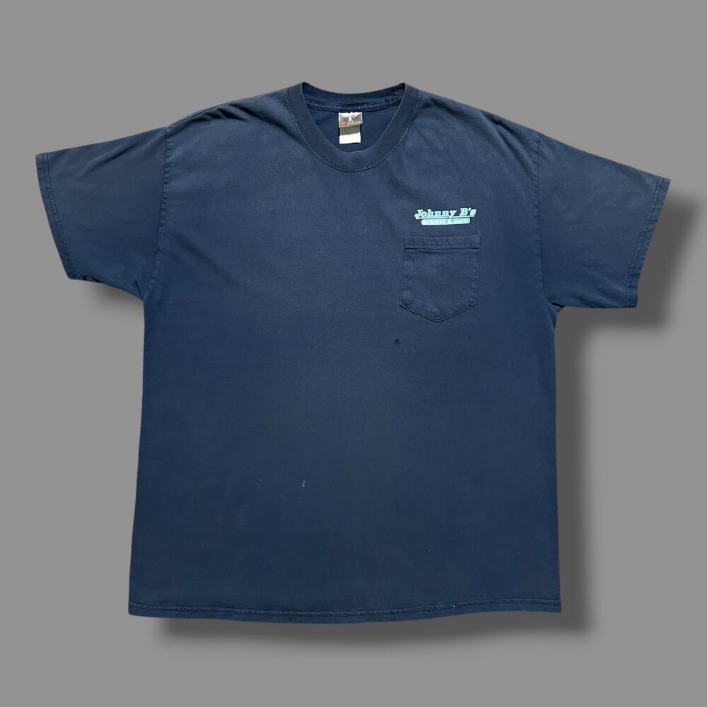 Vintage Sun Faded Shirt Pocket Tee y2k Graphic Tshirt Navy Blue Distressed Large